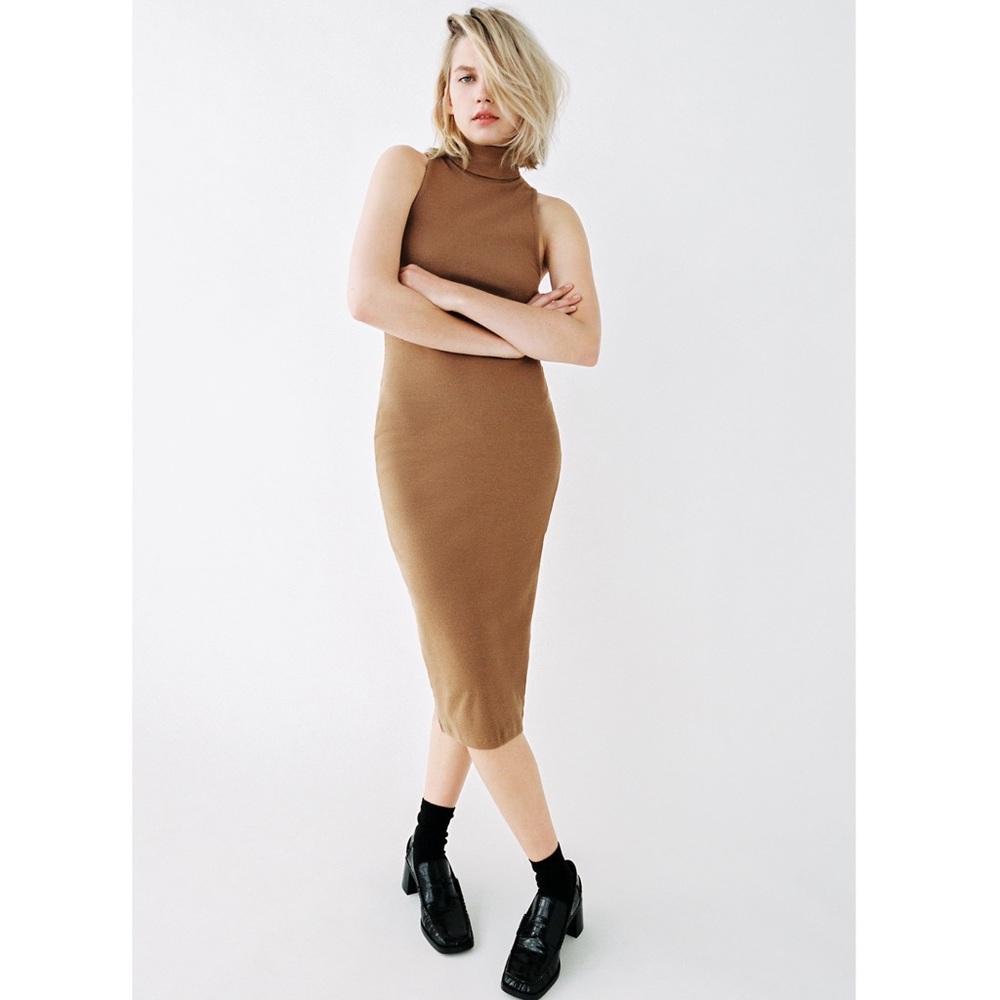 ZARA High collar sleeveless bodycon dress, tan nude